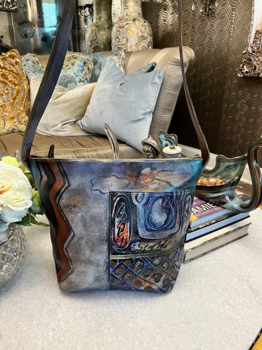 vintage Jane Yoo "wearable art" leather hand-painted abstract handbag
